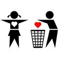 Cheating boy is throwing his girlfriend's loving heart into trash bin on white background